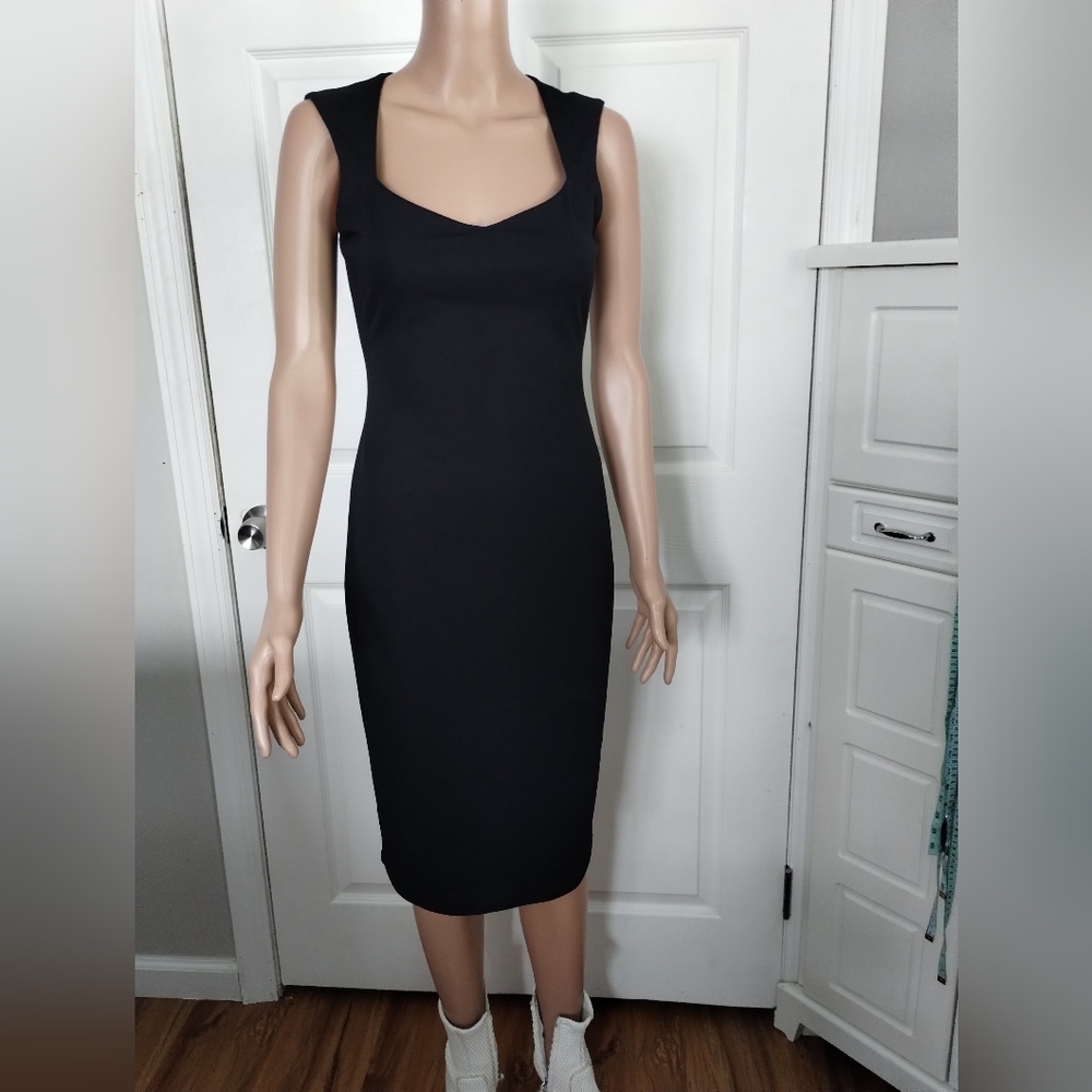 Theory Black Bodycon Midi Dress Sweetheart Neckline 2